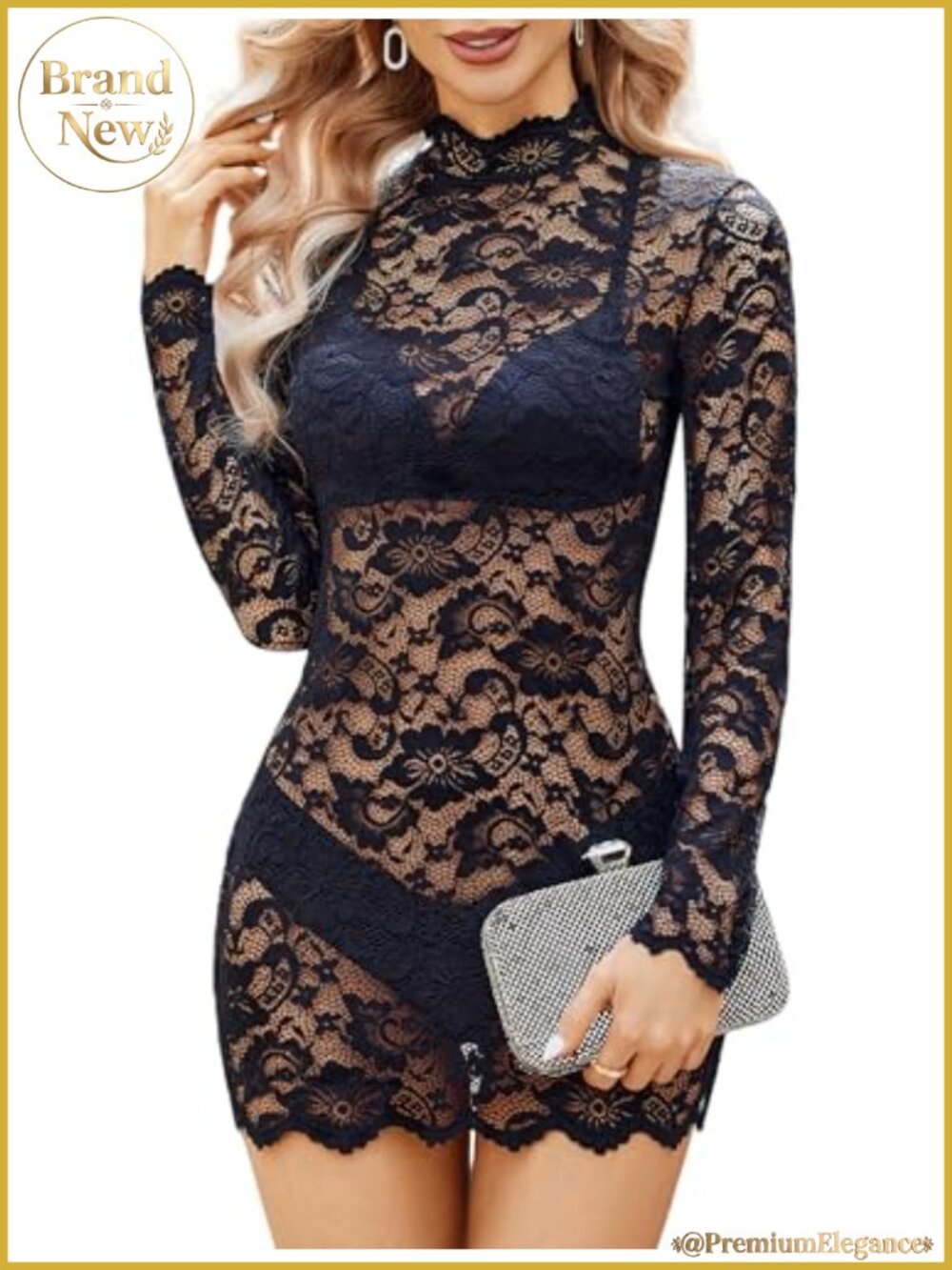 Lace Mini Bodycon Dress Women Long Sleeve Mock Neck Sheer Club Night Out
